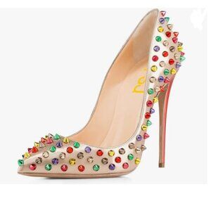FSJ Colorful Studded Rivets High Heel Pump Classic Pointed Toe Basic Spikes Shoe